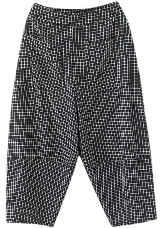 Black Plaid Elastic Waist Pockets Cotton Crop Pants Trousers Summer