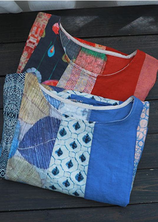 Red Loose Patchwork Linen Fall Short Sleeve Long Dresses