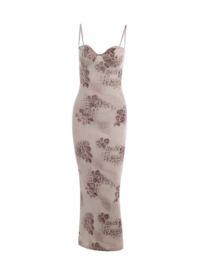 Stylish Khaki Print Slim Fit Silk Spaghetti Strap Dress Summer