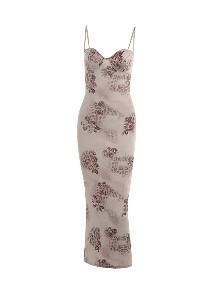 Stylish Khaki Print Slim Fit Silk Spaghetti Strap Dress Summer