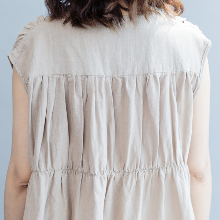 Khaki Cotton Linen Dresses Loose Fitting Cotton Linen Clothing Dress New Sleeveless Cinched V Neck Baggy Dresses