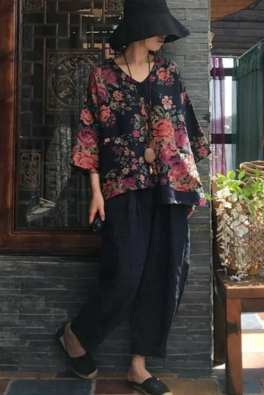 Limited Stock- Print V-neck Long Sleeve Cotton Blouse
