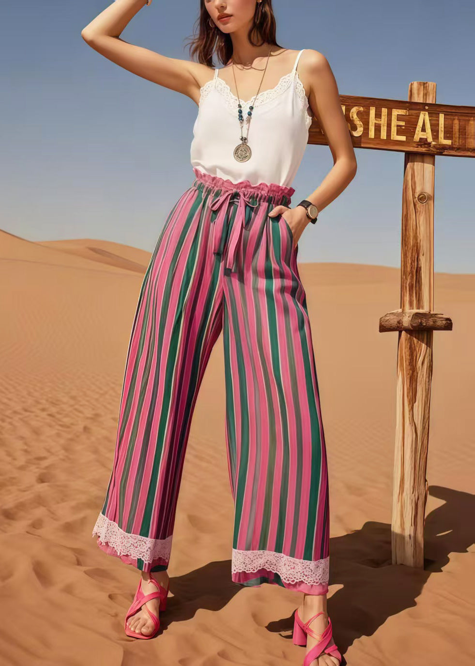 Multicolour Striped Patchwork Lace Straight Pants Summer