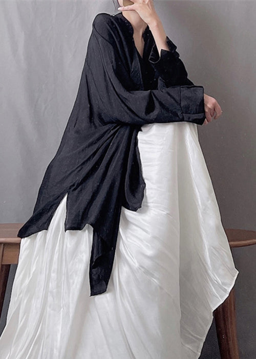 Loose Black Asymmetrical Silk Cotton Blouses Spring