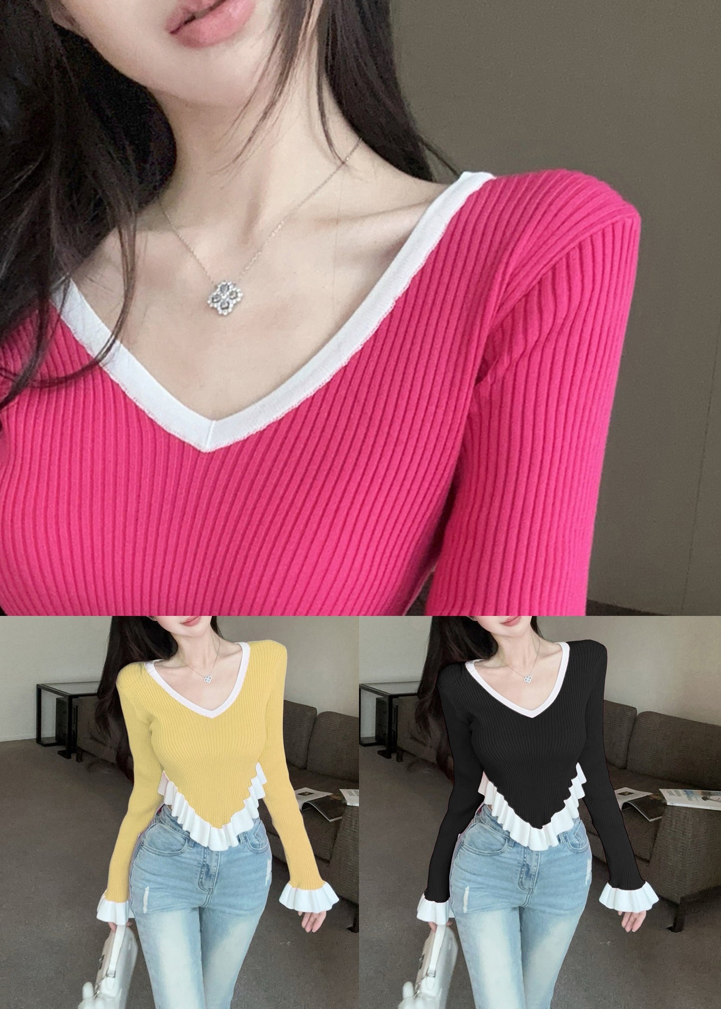 Black Ruffled Patchwork Knit Sweaters V Neck Flare Sleeve