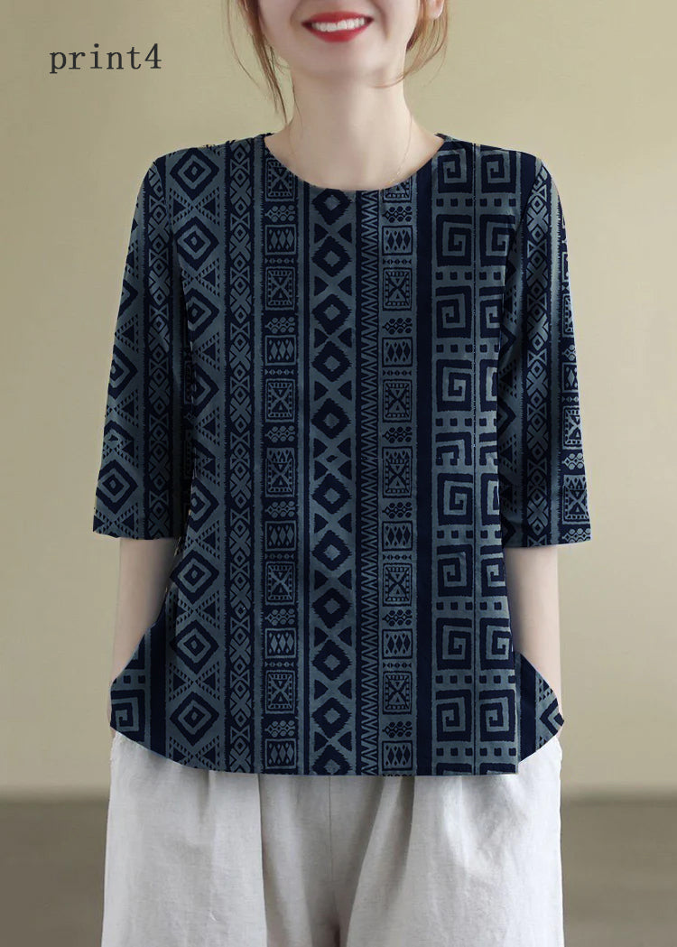 French Navy O-neck Embroidered Cotton Blouses Half Sleeve