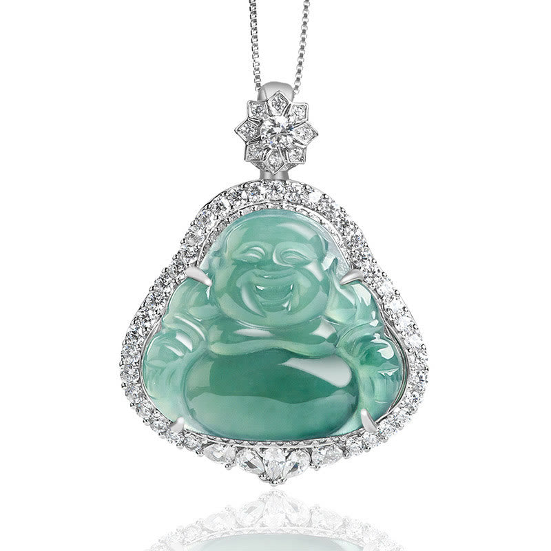 Buddha Stones Laughing Buddha Natural Jade Luck Abundance Titanium Steel Chain Necklace Pendant