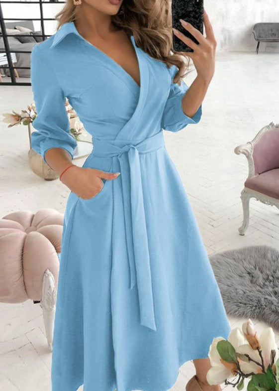 Classy Apricot V Neck Tie Waist Cotton Dress Long Sleeve