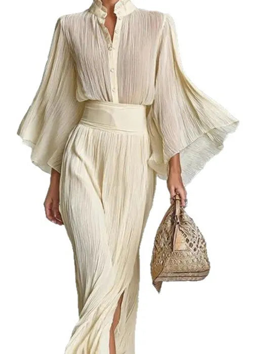 Stylish Beige Ruffled Side Open Shirts and Skirts Cotton Two Pieces Set Spring