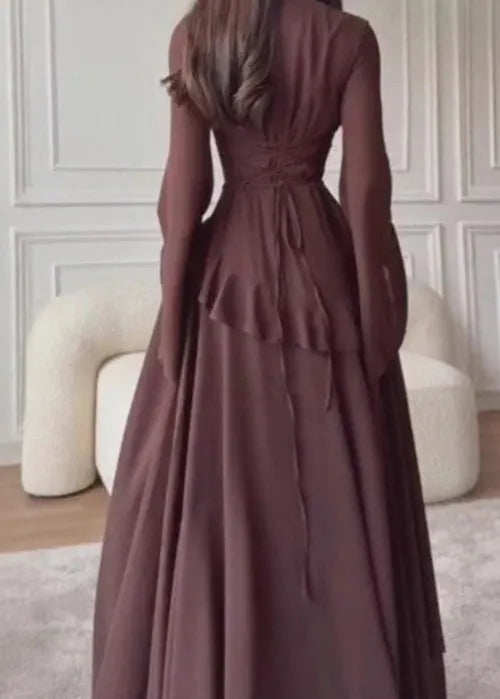 Classy Coffee O Neck Ruffled Cotton Maxi Dress Flare Sleeve