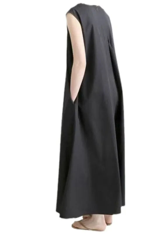 Organic Black V Neck Exra Large Hem Cotton Long Dress Sleeveless