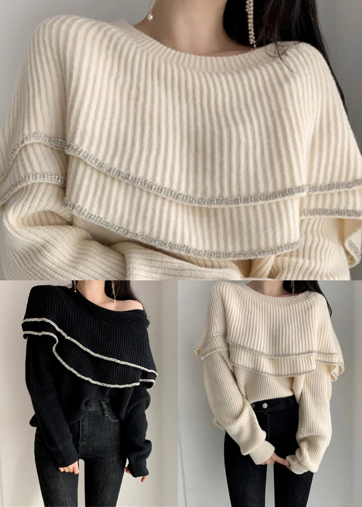 Black Ruffled Patchwork Knit Winter Sweaters O Neck