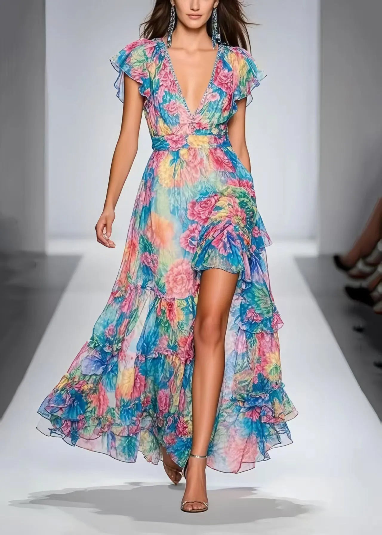 Blue Print Side Open Chiffon Maxi Dresses Summer