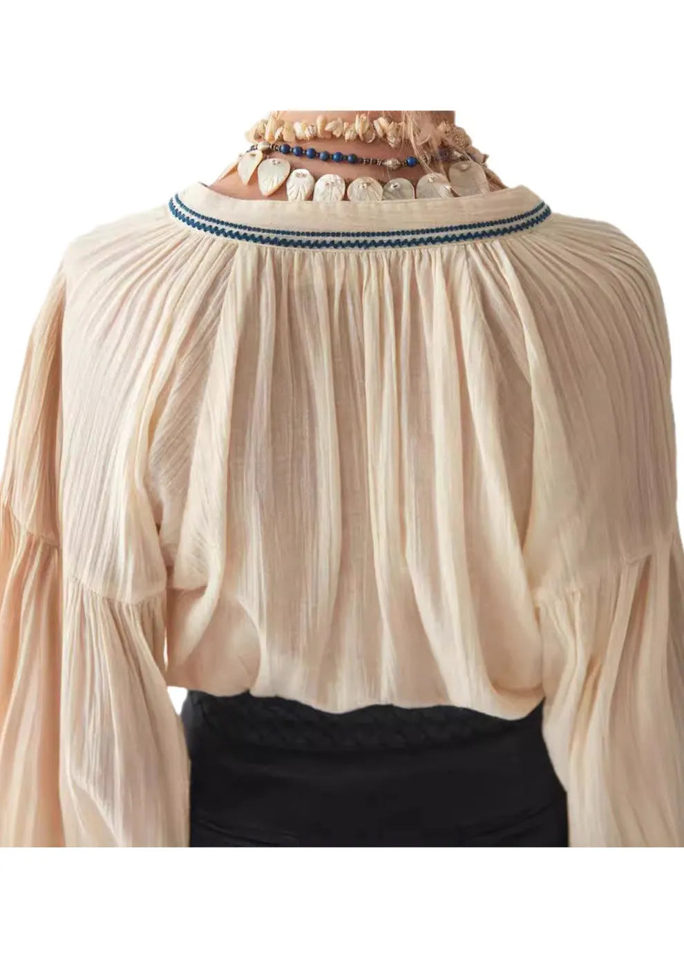 New Beige Embroidered Puff Sleeve Cotton Shirt Top