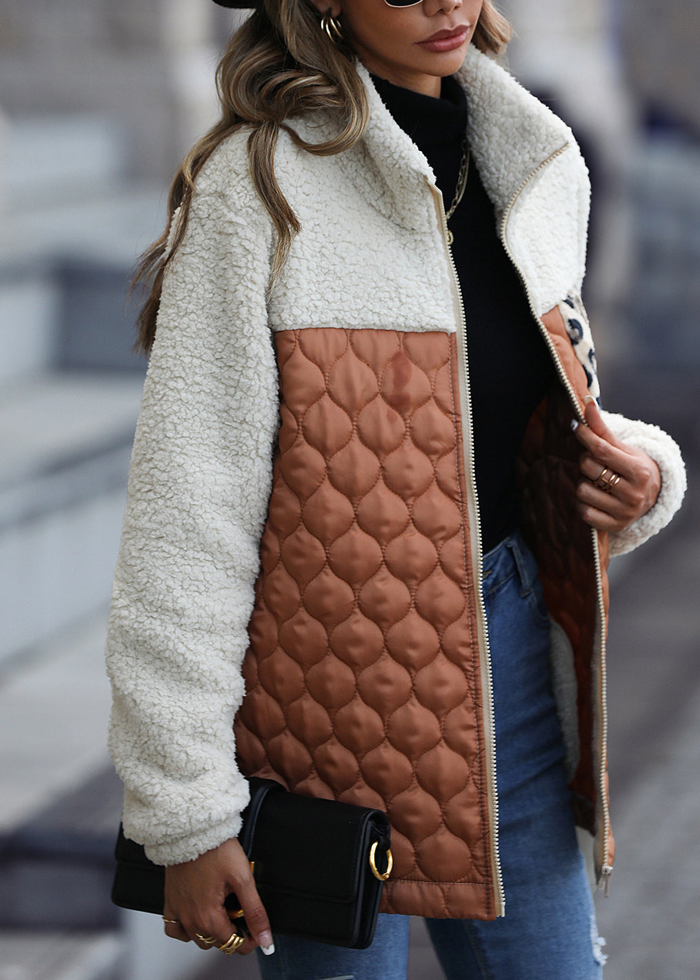 New Coffee Peter Pan Collar Patchwork Faux Fur Jackets Fall