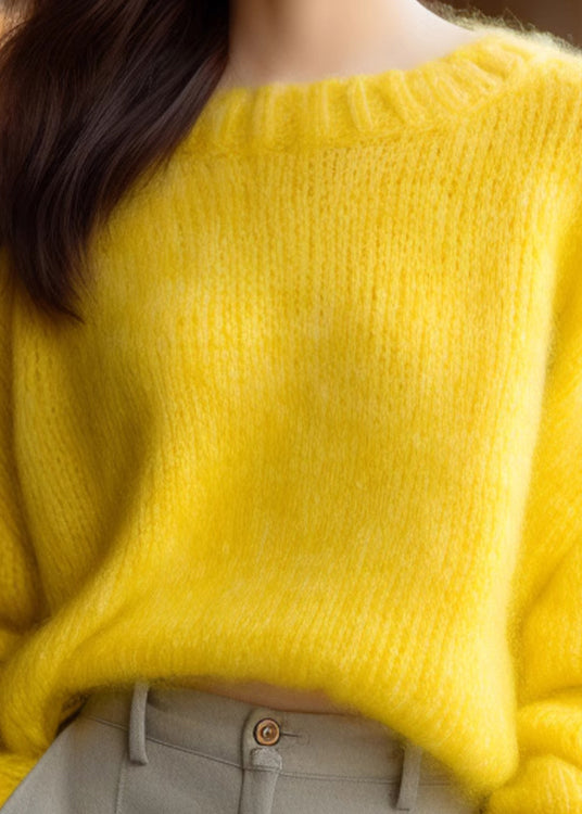 Simple Yellow O Neck Knit Sweater Winter