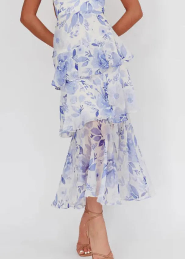 Italian Blue Print Backless Lace Up Chiffon Spaghetti Strap Dress Sleeveless