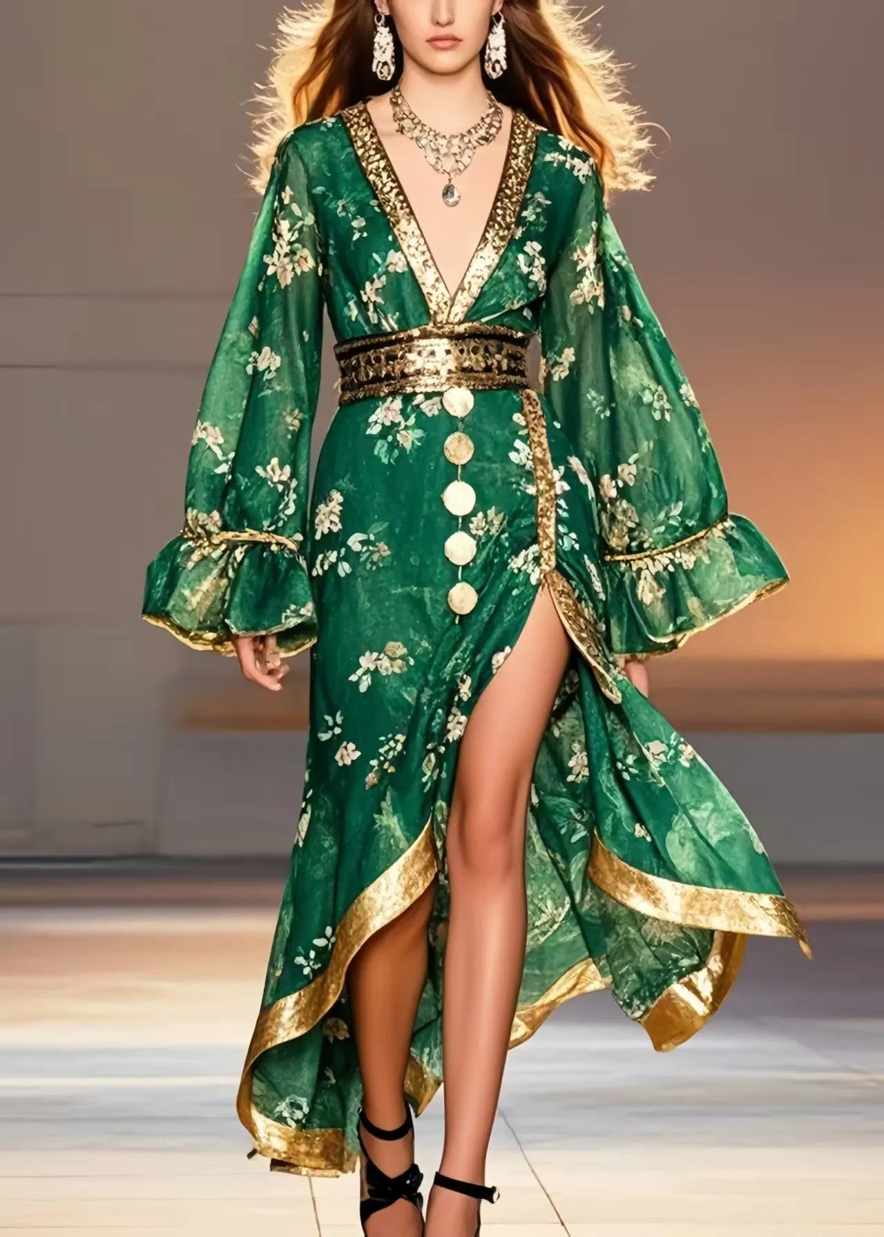 Tea Green Print Chiffon Tunic Dress Side Open Spring