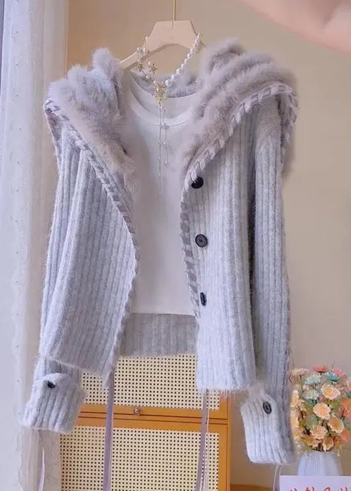 Grey Fox Collar Button Patchwork Knit Coats Winter