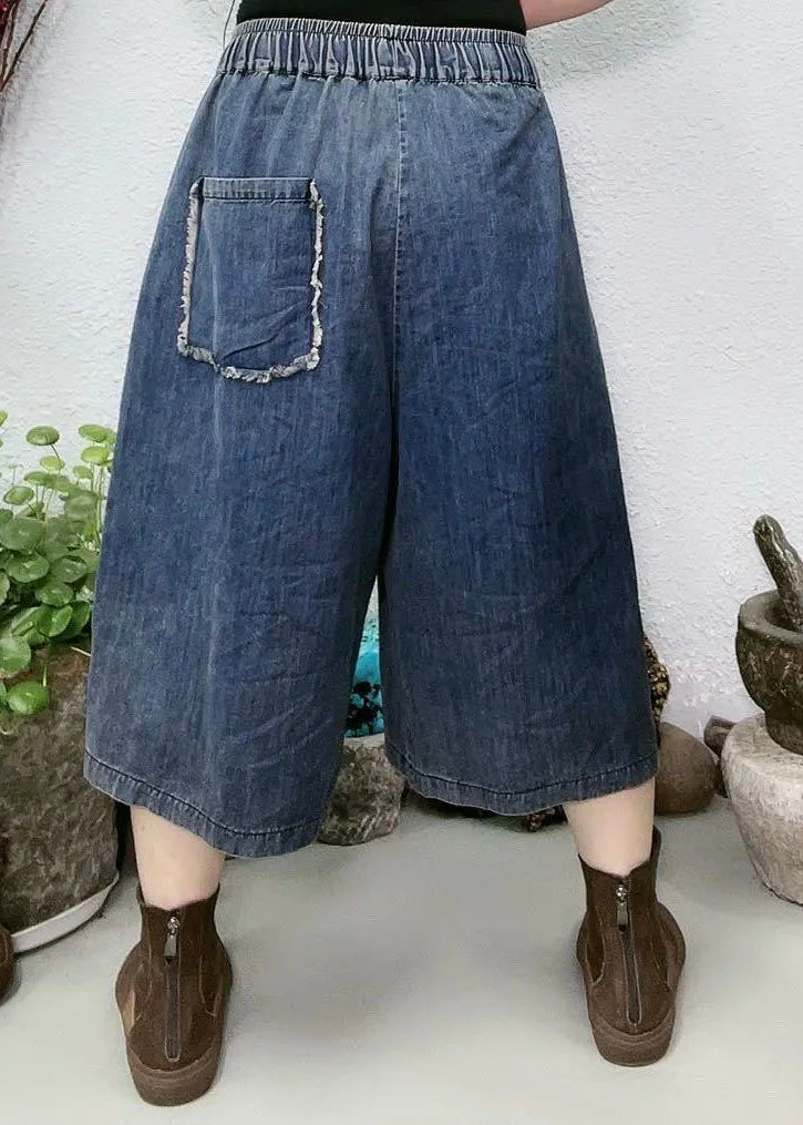 Red Pockets Patchwork Denim Wide Leg Pants Summer
