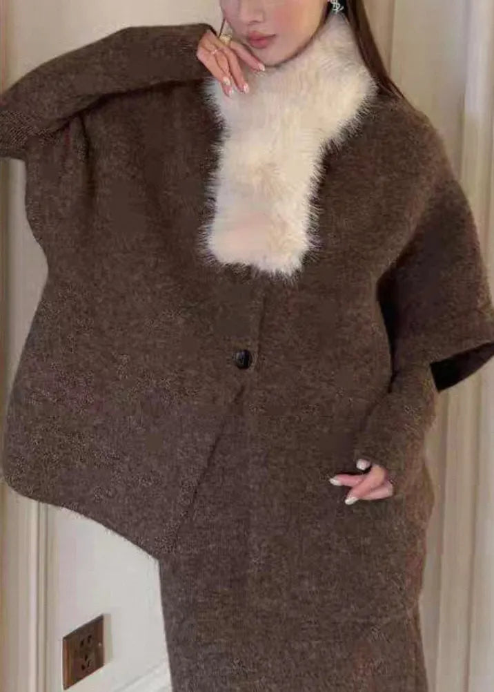 Original Coffee Fur Collar Knit Three Piece Set Batwing Sleeve