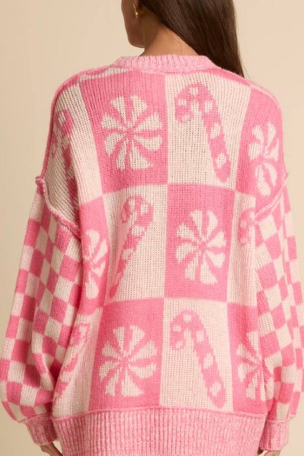 Christmas Snowflake Candy Crew Neck Long Sleeve Loose Knit Sweater