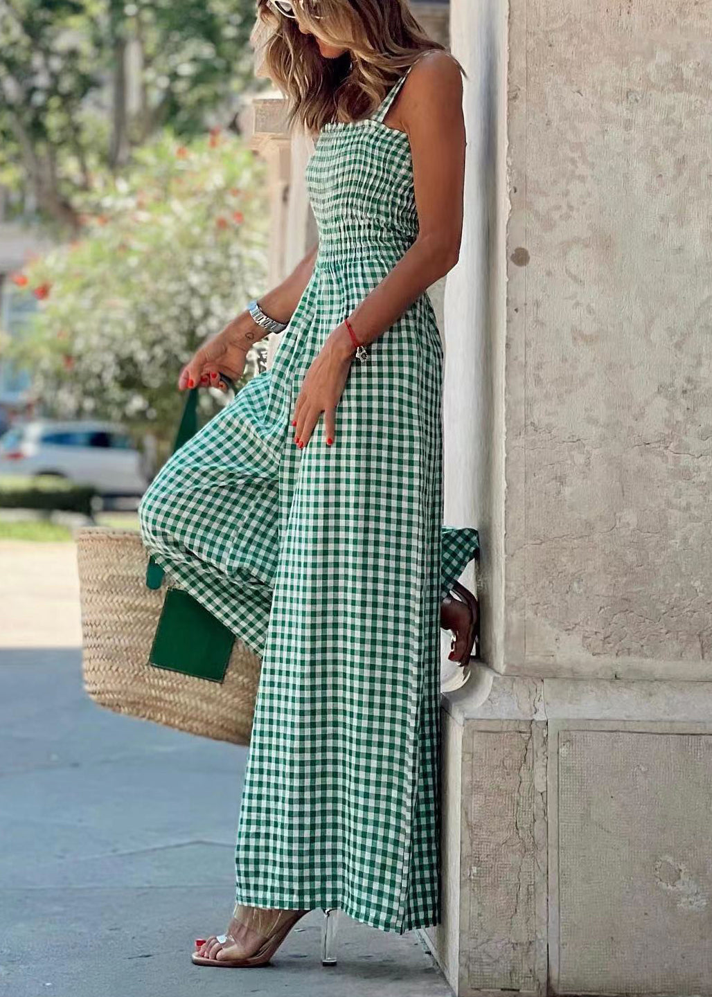 Green Plaid Cotton Overalls Jumpsuit Sleeveless