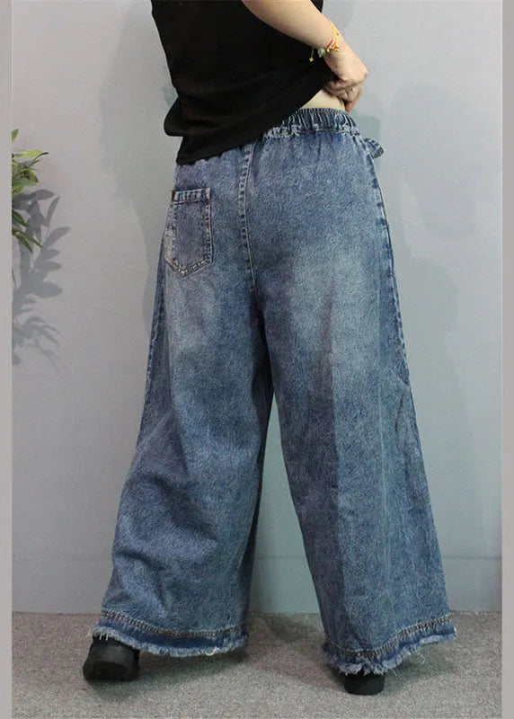 Blue Retro Pockets Tie Waist Fall Wide Leg Denim Pants