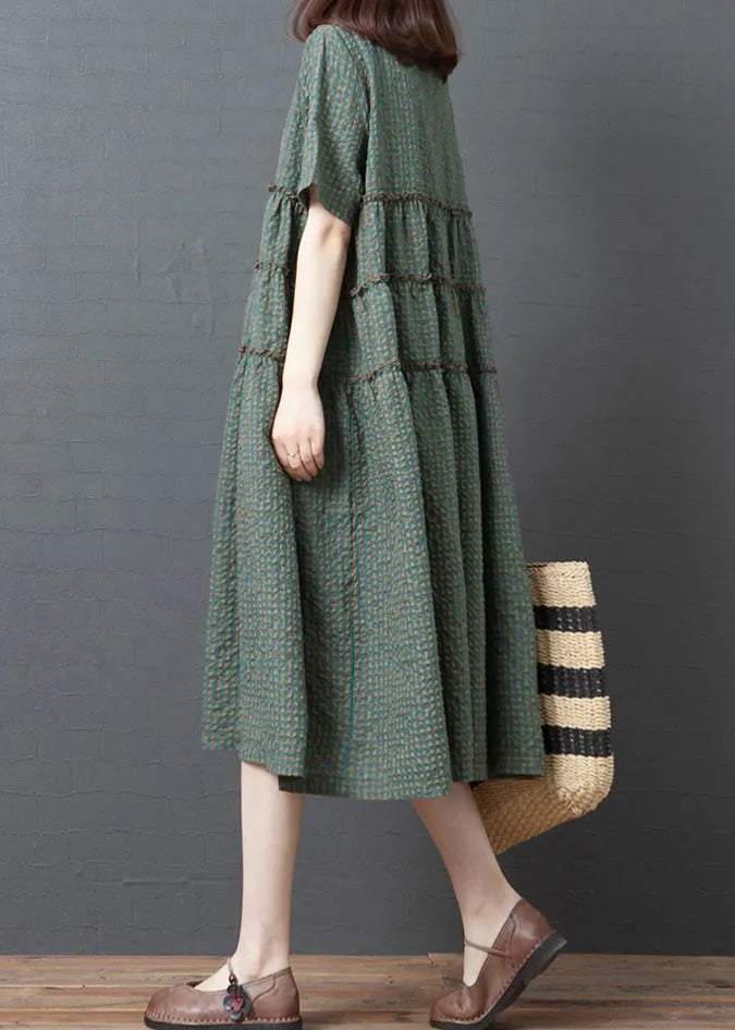 Green Plaid O-neck Wrinkled Patchwork Linen Party Dress Short Sleeve