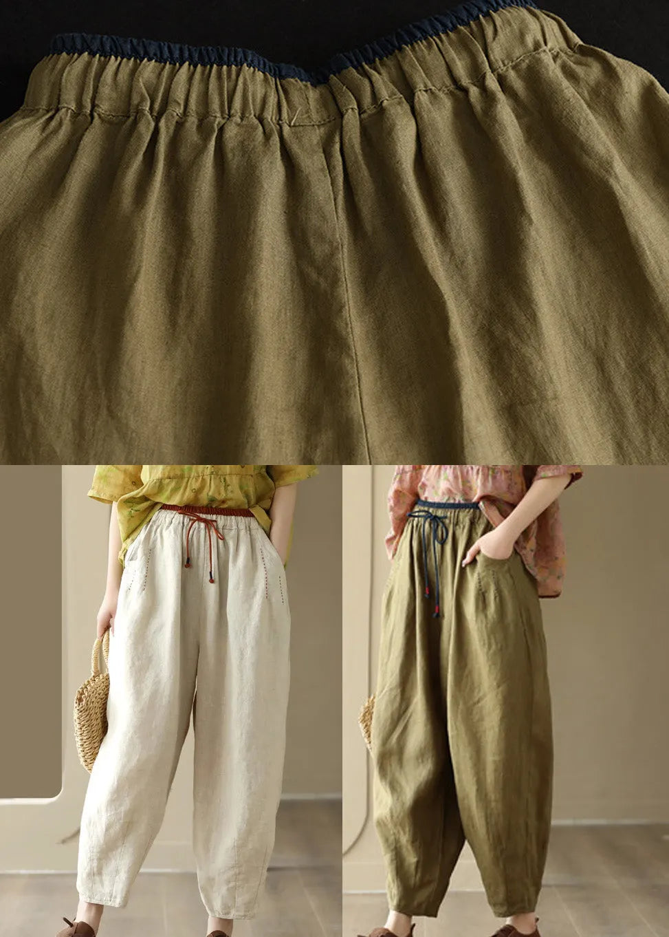 Linen Colour Elastic Waist Linen Pants Summer