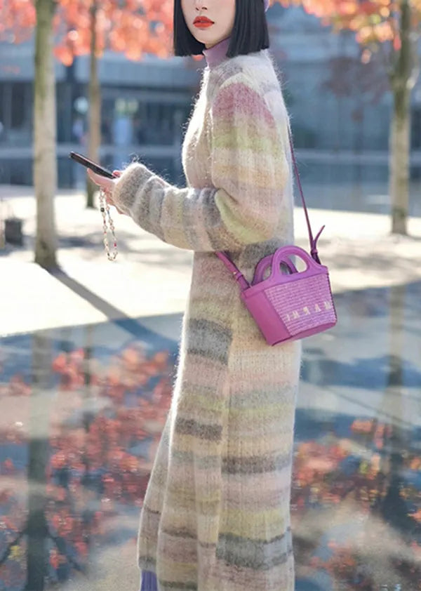 Striped O-neck Tassel Patchwork Ma Hai Mao Knit Dress Winter