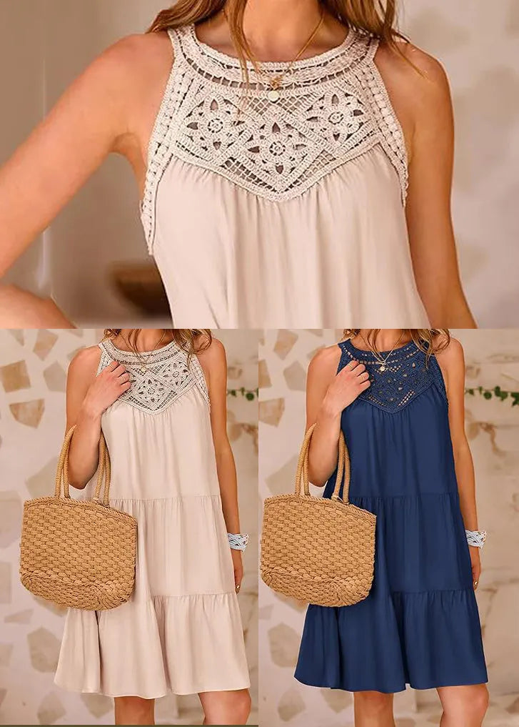French Navy Hollow Out Cotton a Line Dress Sleeveless