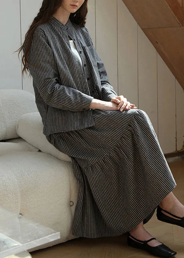 Loose Stand Collar Striped Button Cotton Shirt Spring