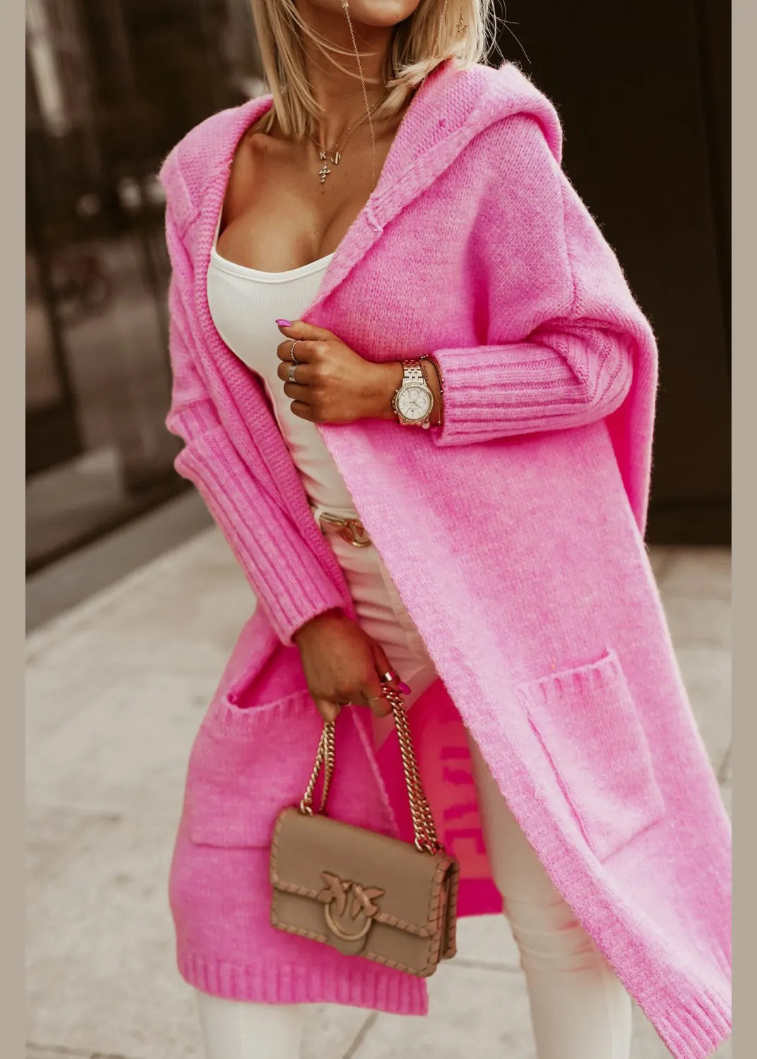 Rose Graphic Pockets Knit Hoodie Cardigans Fall