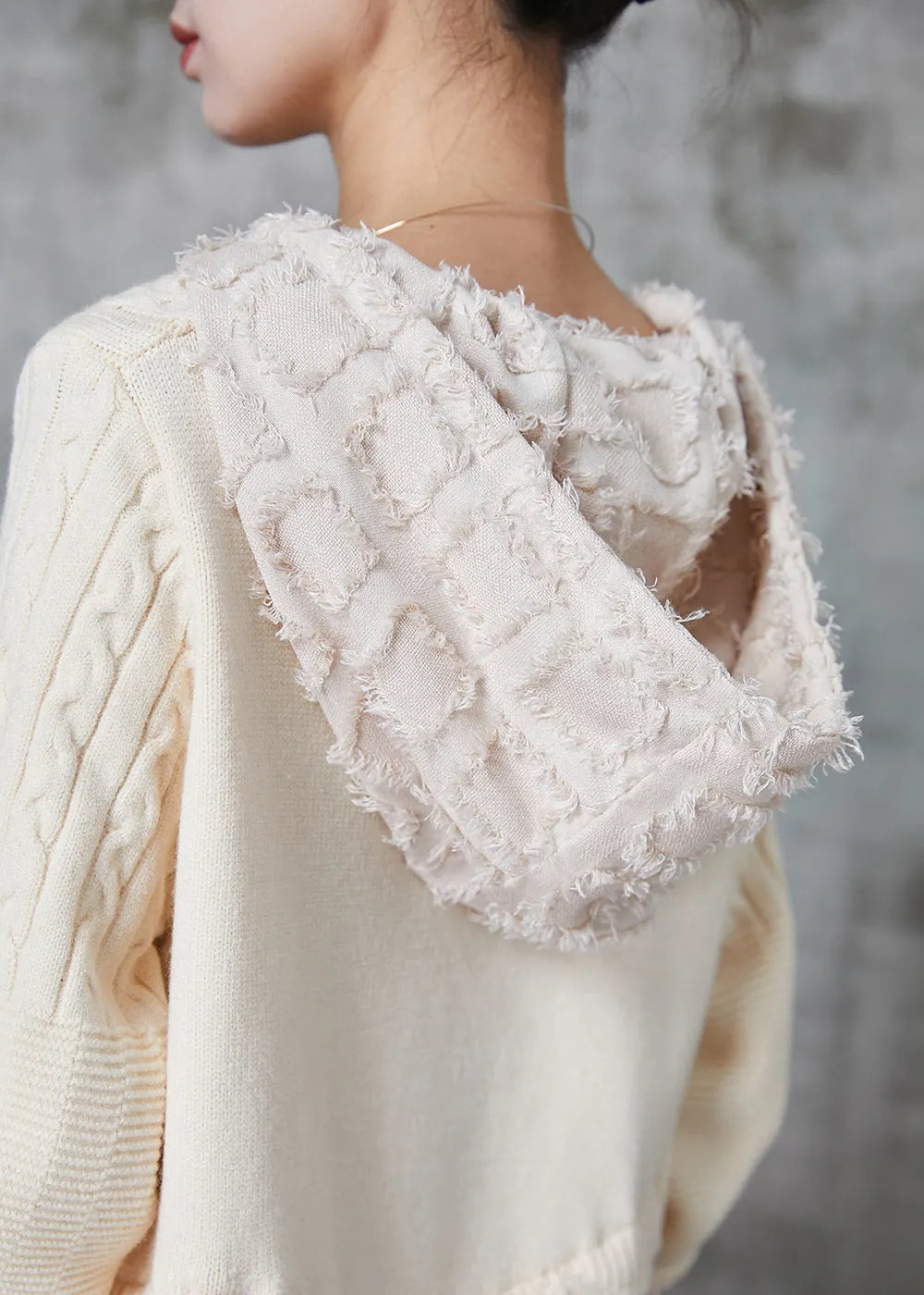 Beige Hooded Patchwork Knit Dress Spring