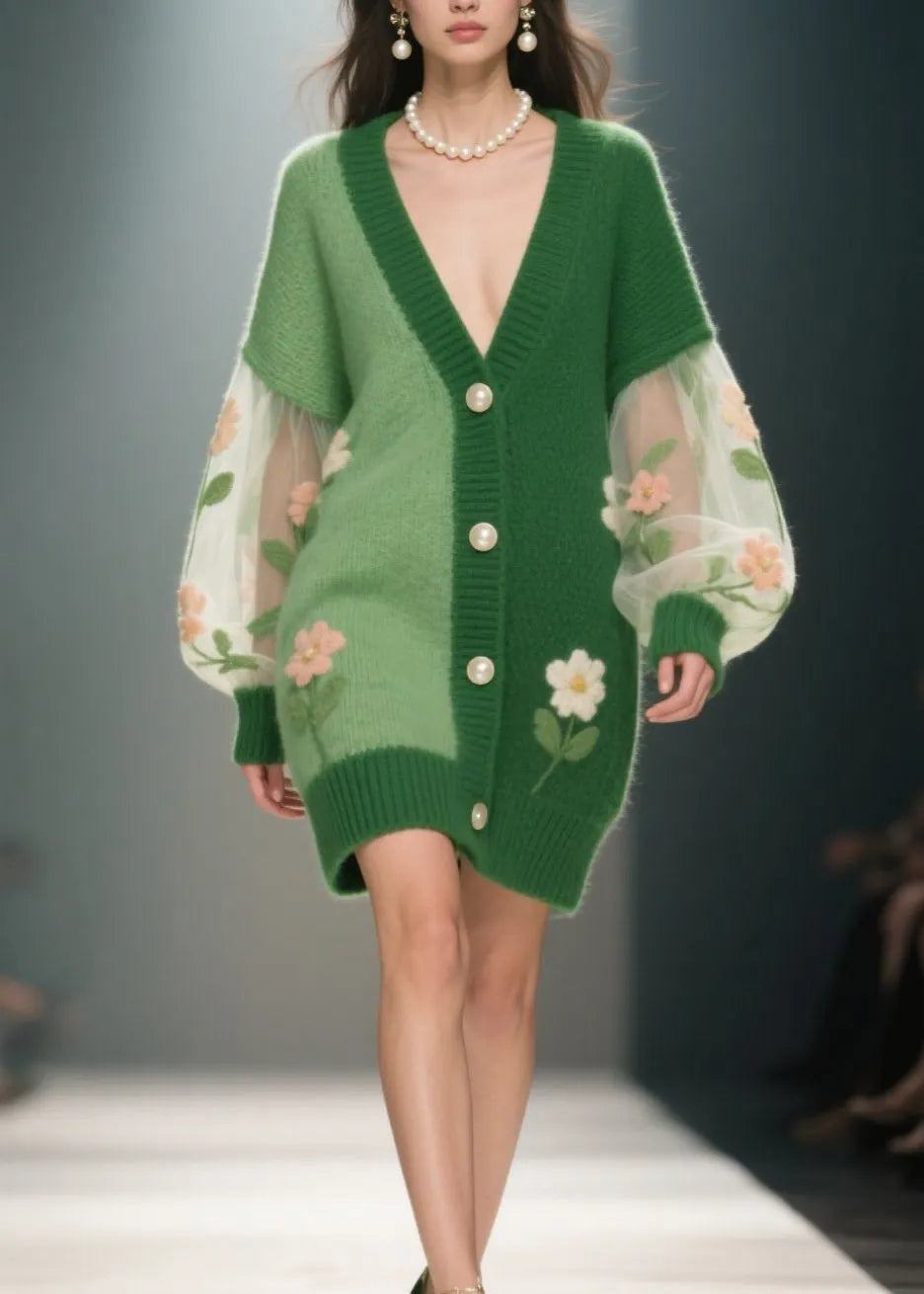 Green V Neck Patchwork Knit Cardigan Fall