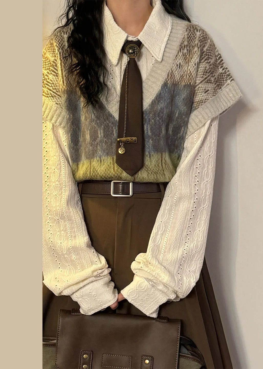 Jacquard Gradient Color V Neck Oversized Knit Vest Spring