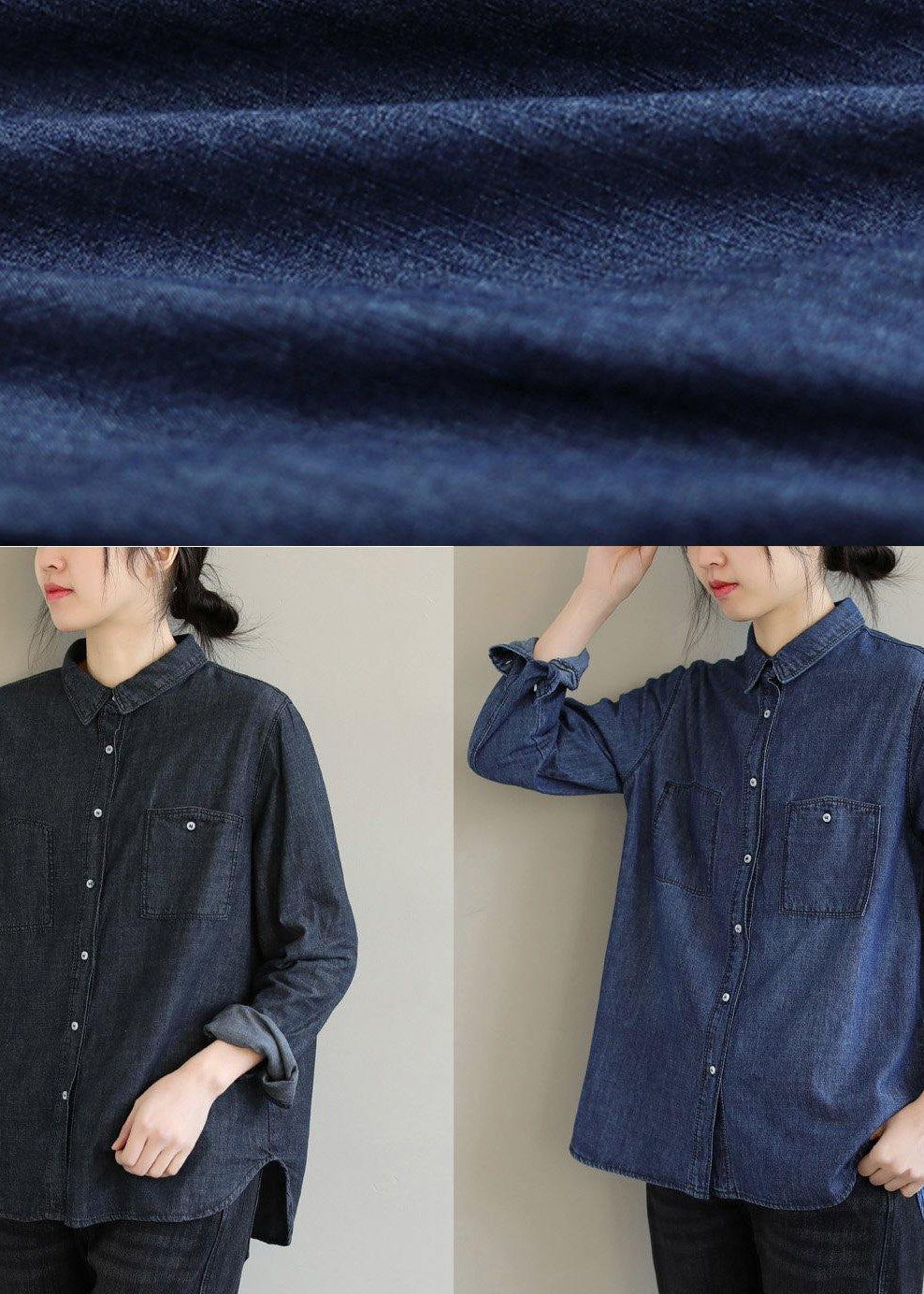 Diy Lapel Pockets Spring Clothes for Pattern Denim Blue Shirt