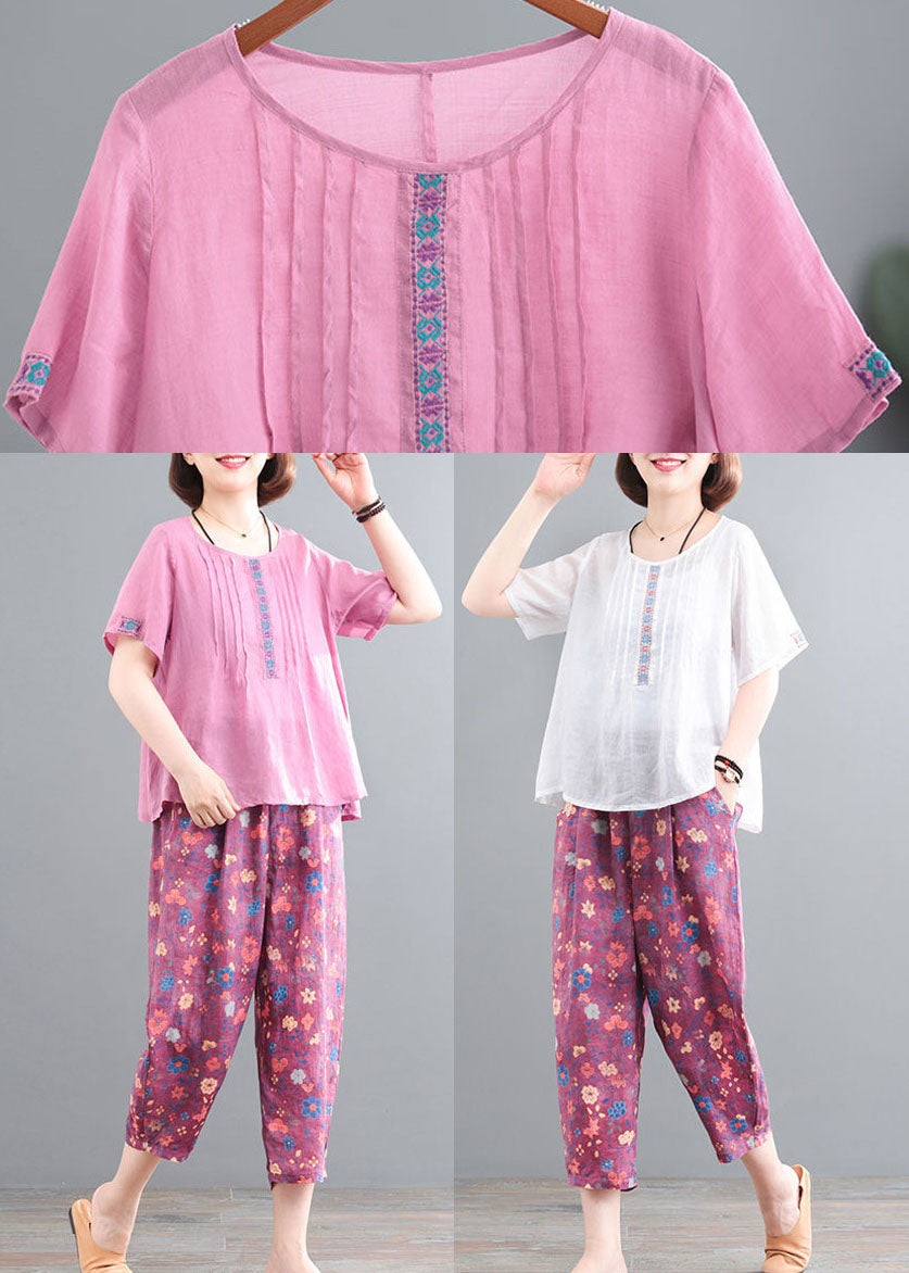 Pink Linen Tops and Pants Two Pieces Set Wrinkled Embroidered Short Sleeve