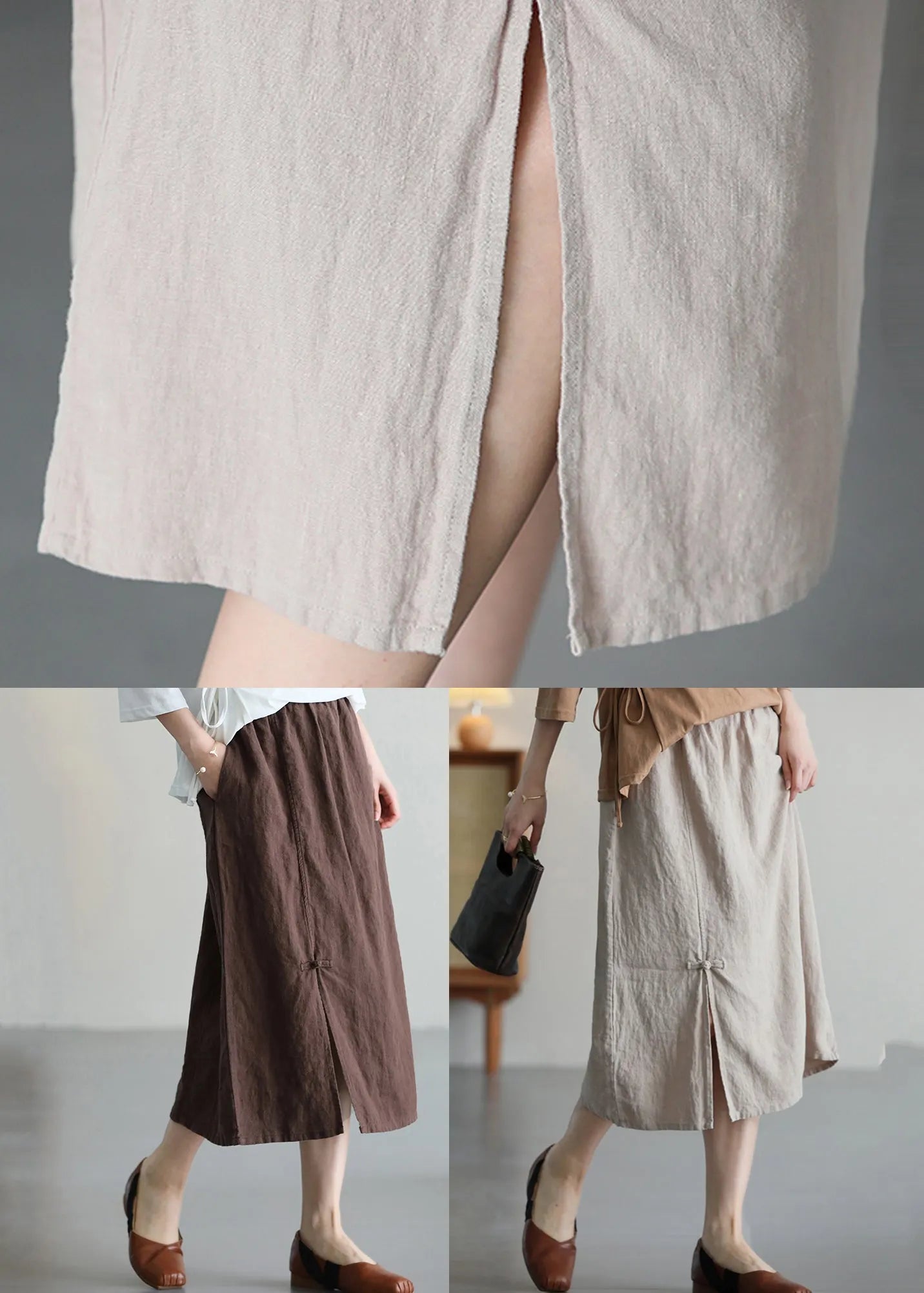 Versatile Coffee Chinese Button Linen Skirt Summer