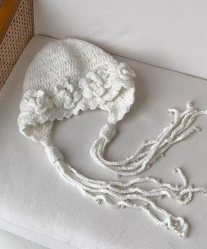 Stylish Handmade White Tassel Knit Bonnie Hat