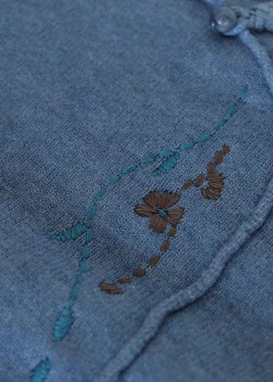 Blue Stand Collar Embroidered Thick Knitted Sweater Long Sleeve