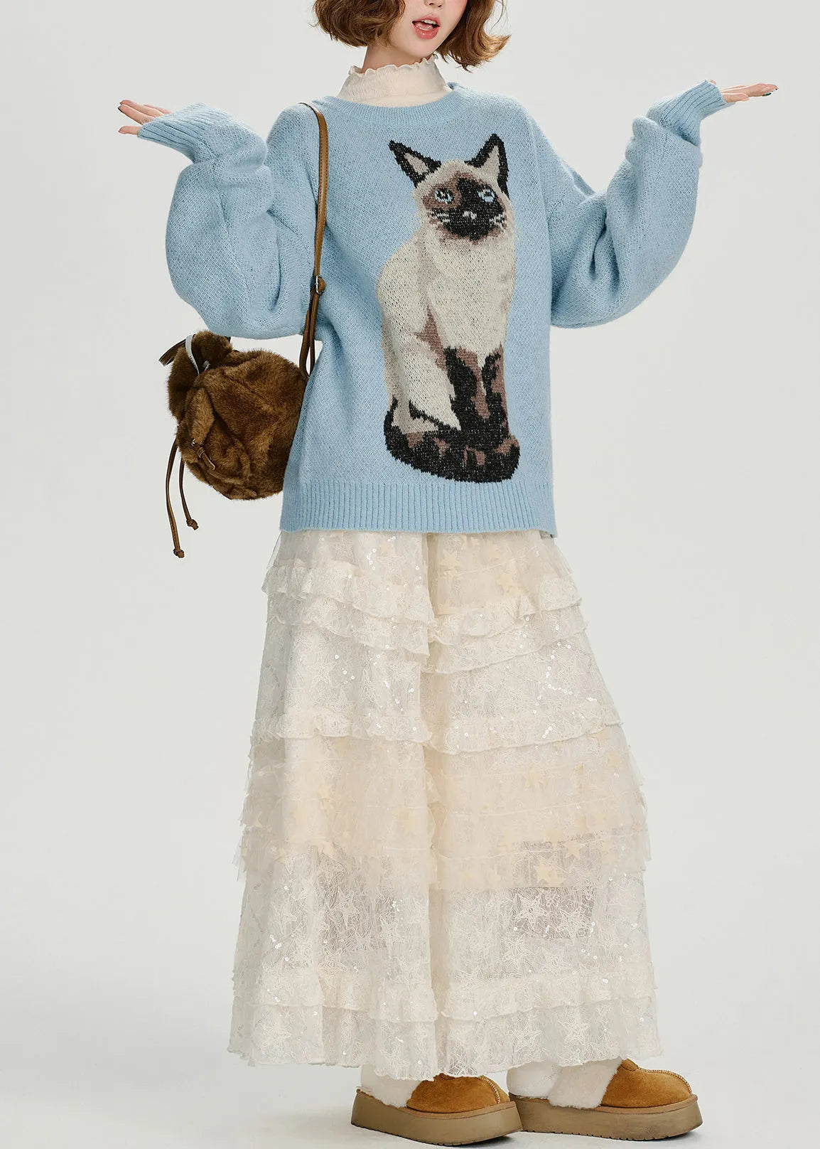 Blue Oversized Dog Jacquard Knit Sweater Tops Winter