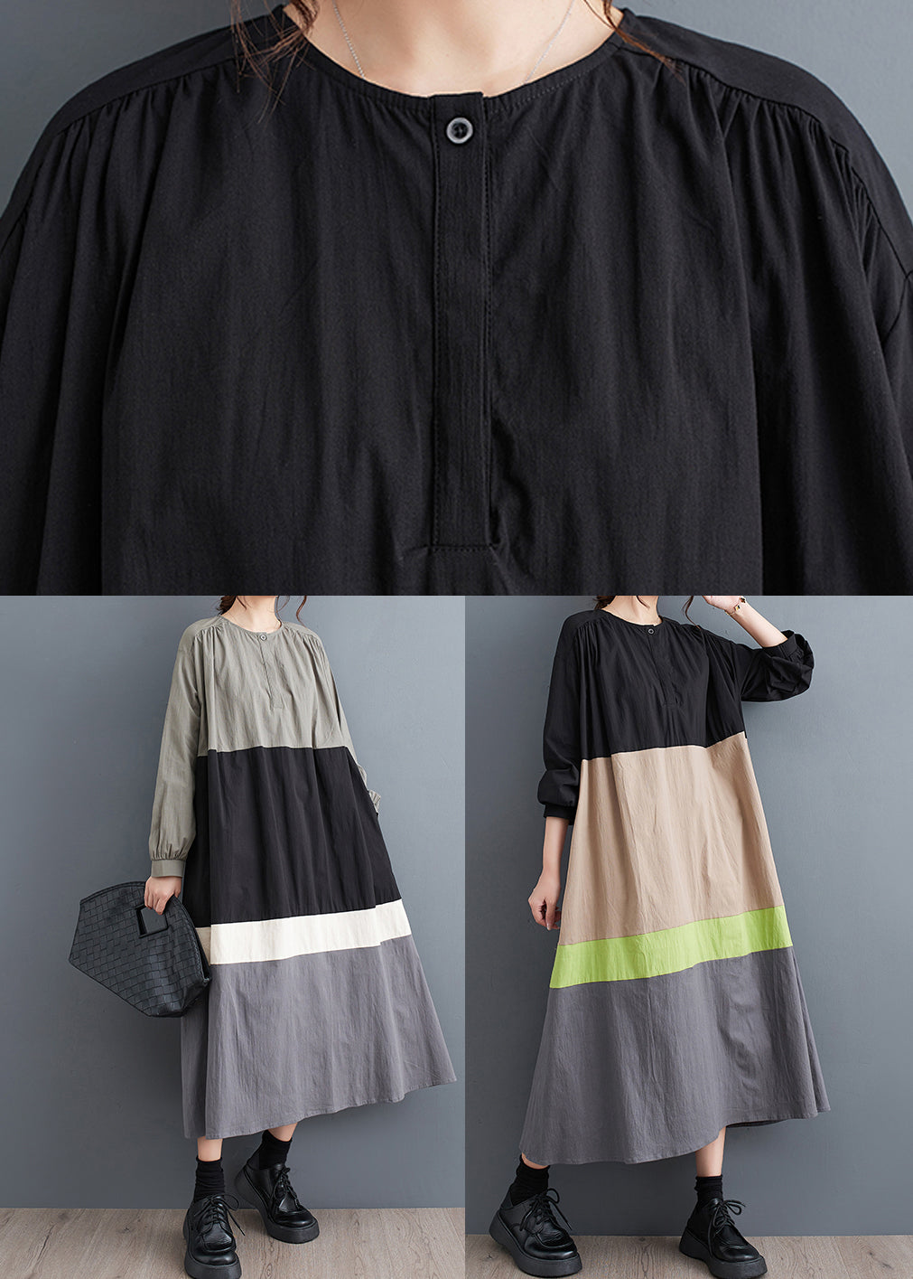 Black O Neck Patchwork Cotton Long Dress Fall
