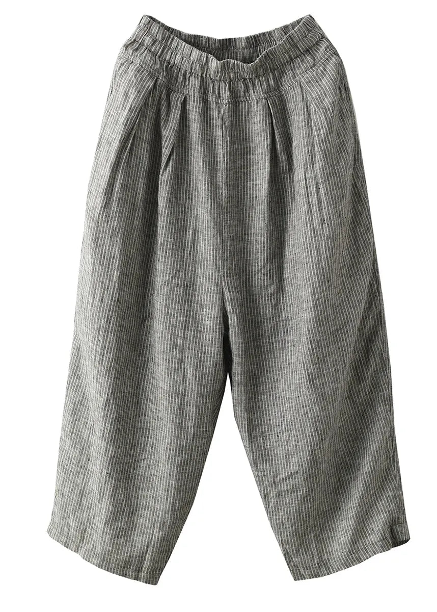 Black Striped Pockets Elastic Waist Linen Harem Pants Summer