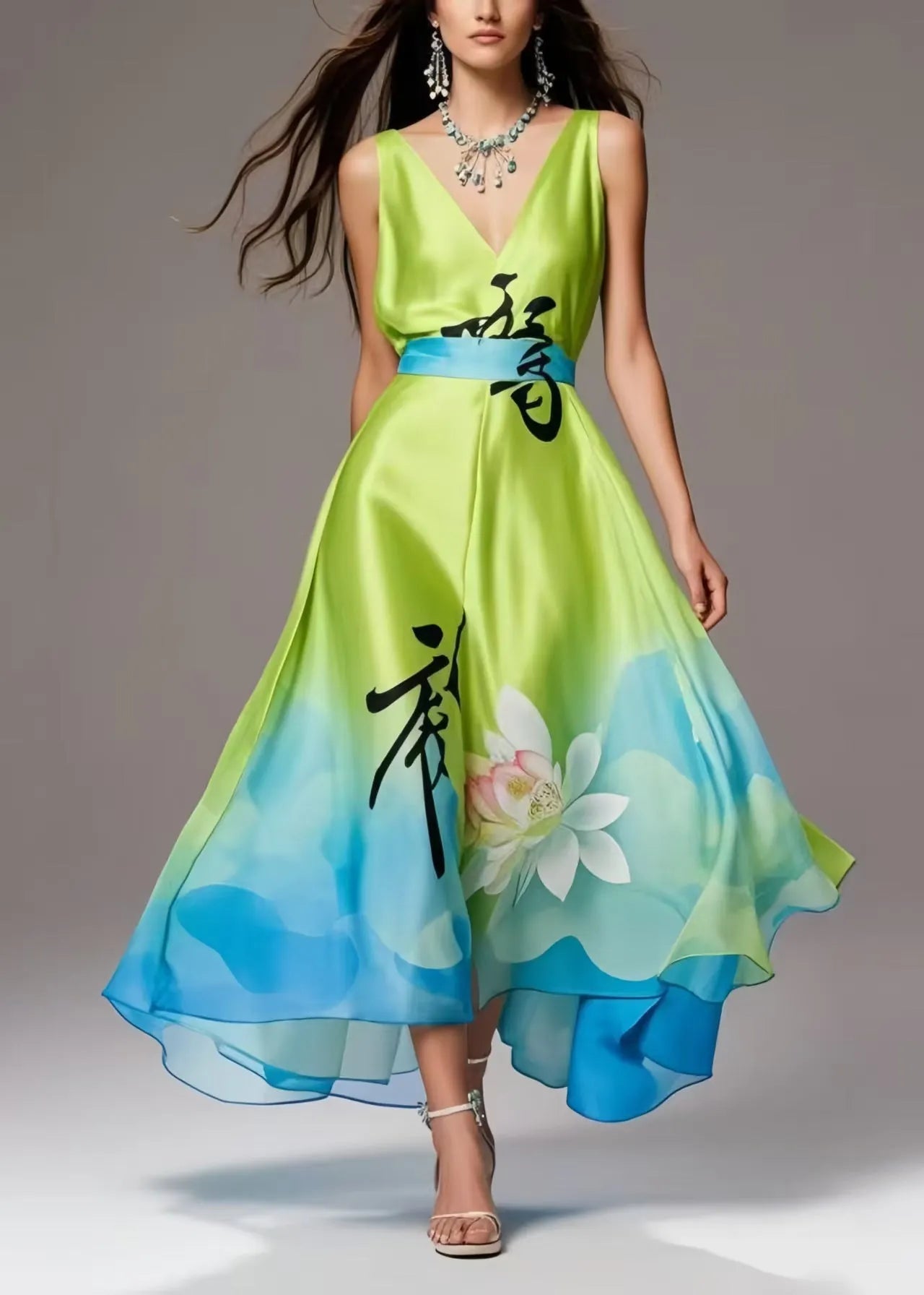 Grass Green Print Exra Large Hem Silk Party Dress Summer
