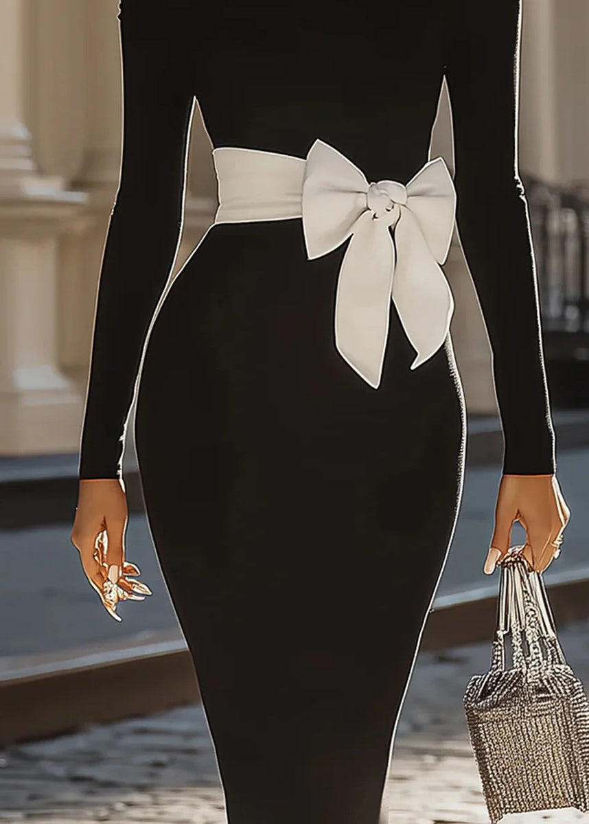 Black Cold Shoulder Bow Slim Fit Cotton Dresses Fall