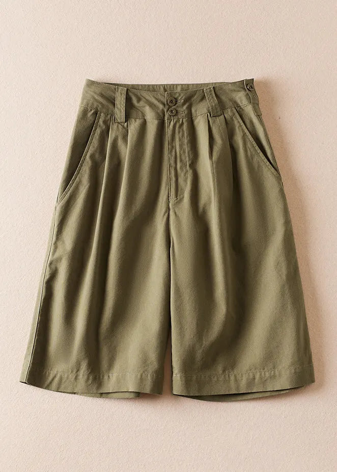 Army Green Pockets High Waist Cotton Shorts Summer