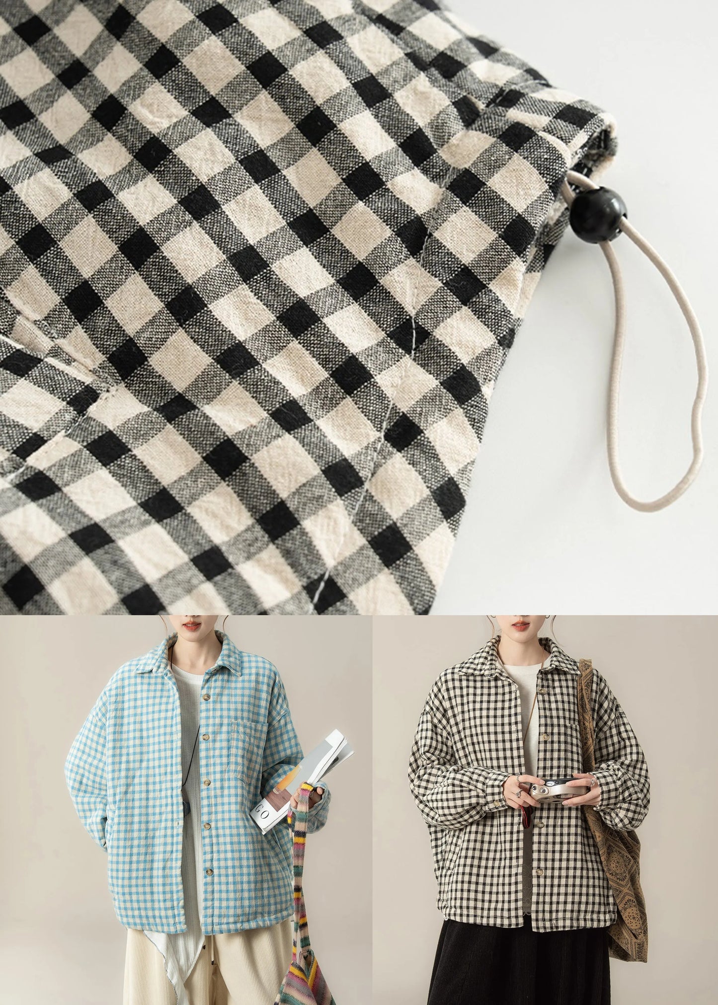 Blue Peter Pan Collar Plaid Cotton Filled Shirts Coats Winter