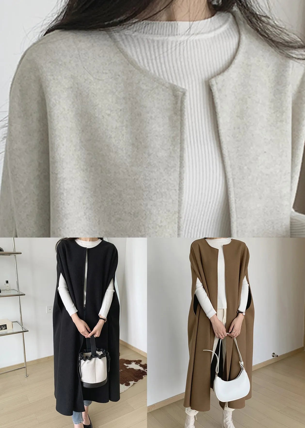 Beige Woolen Long Waistcoat O Neck Winter